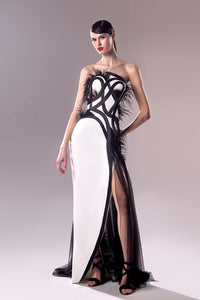HerTrove-Feathers encrusted crepe gown