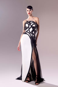 HerTrove-Feathers encrusted crepe gown
