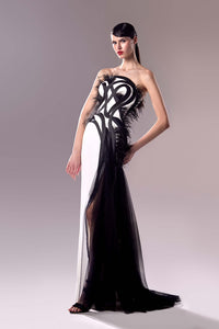 HerTrove-Feathers encrusted crepe gown
