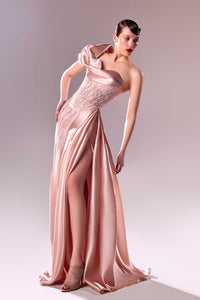 HerTrove-One shoulder draped organza and lace dress