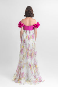 Off-shoulder tulle long dress with ruffled details. - HerTrove