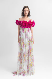 Off-shoulder tulle long dress with ruffled details. - HerTrove