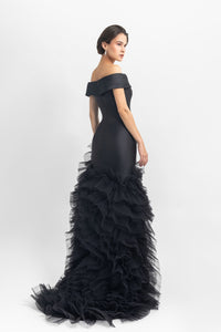 Off-shoulder satin long dress with an open slit on the side and ruffled tulle details. - HerTrove