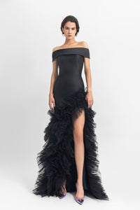 Off-shoulder satin long dress with an open slit on the side and ruffled tulle details. - HerTrove