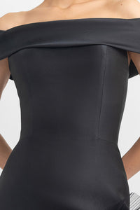 Off-shoulder satin long dress with an open slit on the side and ruffled tulle details. - HerTrove