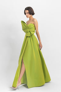 Bow-like design, strapless taffeta dress with open slit on the side. - HerTrove