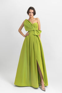 Bow-like design, strapless taffeta dress with open slit on the side. - HerTrove