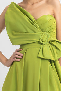 Bow-like design, strapless taffeta dress with open slit on the side. - HerTrove
