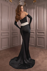 Beaded waistline pleated gown with gloves-HerTrove