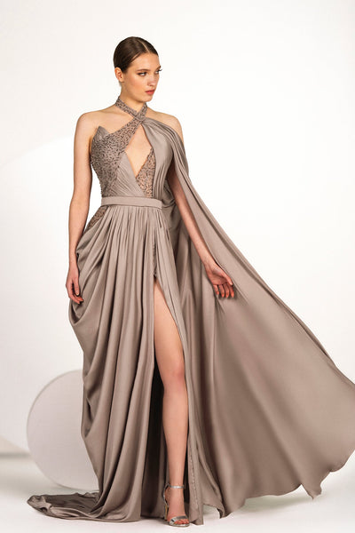 halter dress with cape Halter neck chiffon dress with cape FR 48 / Grey
