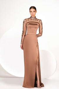 HerTrove-Beaded neckline high slit column dress