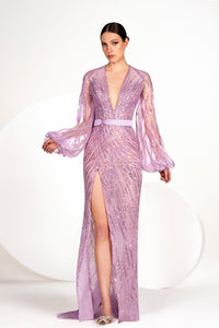 HerTrove-Lantern sleeves fully beaded dress