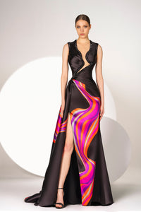 HerTrove-Asymmetric neckline printed mikado dress
