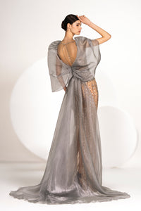 HerTrove-Plunging tulle dress with beaded crystals