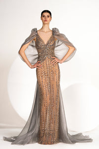 HerTrove-Plunging tulle dress with beaded crystals