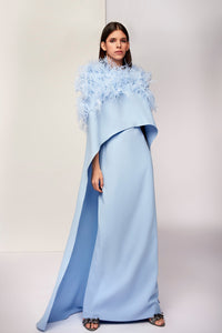 Feathered cape bodice column dress - HerTrove