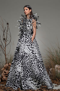 Feathered bodice sleeveless printed gown - HerTrove