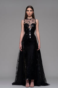 Sleeveless Sequined dress featuring tulle overskirt - HerTrove