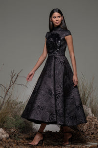 High neck cap shoulder brocade dress - HerTrove