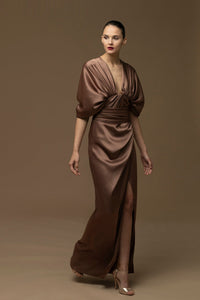Draped puff sleeves front slit dress - HerTrove