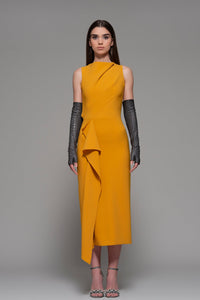 High neckline side draped midi dress - HerTrove