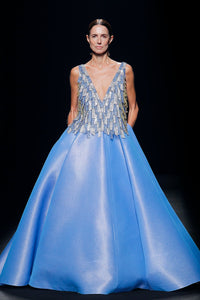 Beaded bodice deep V ballgown - HerTrove