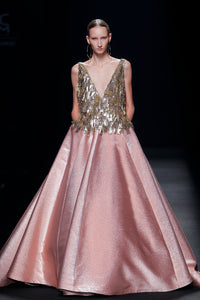 Beaded bodice deep V pink ballgown - HerTrove