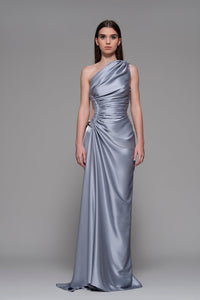 Side exposed draped bodice satin dress - HerTrove