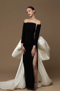 Off shoulder high slit dress featuring back bow train - HerTrove