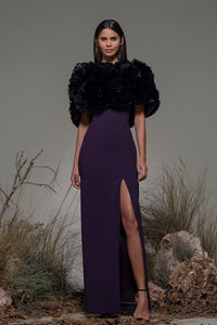 Side slit crepe dress with cape - HerTrove