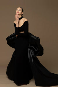 Illusion waistline bow train dress - HerTrove