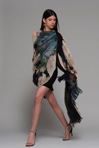 Sleeveless short dress with printed satin scarf - HerTrove