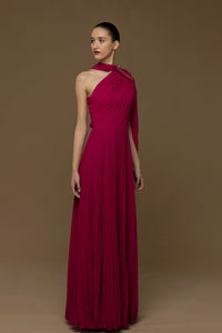 Asymmetrical neckline draped bodice pleated gown - HerTrove