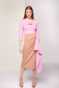 Three quarter sleeves side ruffled below knee length dress - HerTrove