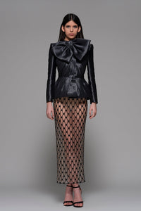 Peplum bow detailed jacket with mesh skirt - HerTrove