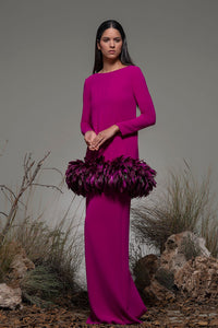 Jewel neckline long sleeves crepe dress - HerTrove