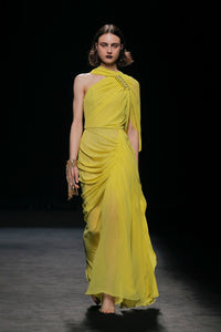 Asymmetric neckline chiffon silk gown - HerTrove