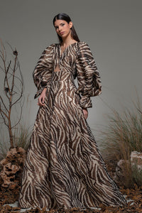 Puff sleeves fitted waistline printed gown - HerTrove