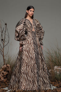 Puff sleeves fitted waistline printed gown - HerTrove