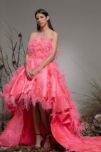 Fully feathered sweep train high low dress - HerTrove