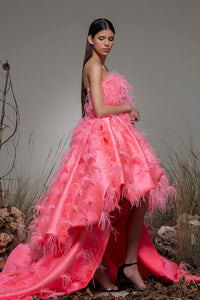 Fully feathered sweep train high low dress - HerTrove