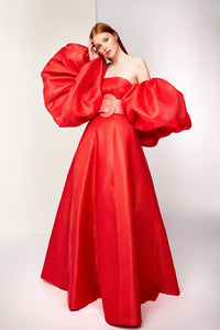 Oversized off sleeves belted gown - HerTrove