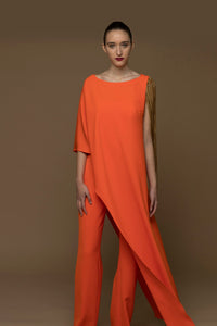 Jewel neckline long top with slim pants - HerTrove