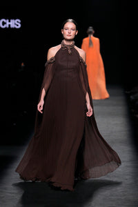 Her Trove - Exposed shoulders pleated gown with necklace