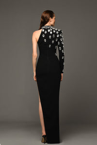 Asymmetrical crepe dress with pear shaped crystal drops - HerTrove