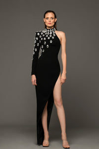 Asymmetrical crepe dress with pear shaped crystal drops - HerTrove