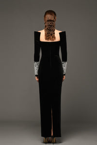 Crepe dress with crystal baguettes on sleeves - HerTrove