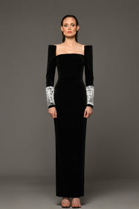 Crepe dress with crystal baguettes on sleeves - HerTrove
