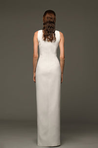 Exaggerated deep V tulle neckline crepe dress - HerTrove