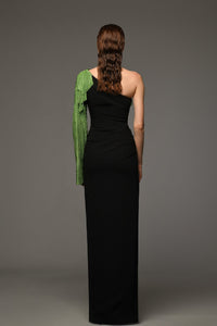 One shoulder crepe dress with green crystal chainmill - HerTrove